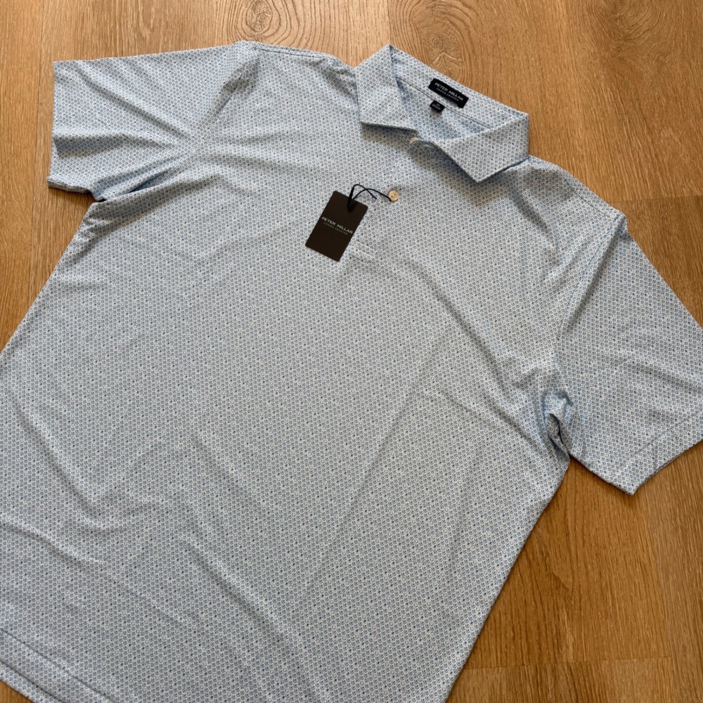 Peter Millar Crown Crafted Mariposa Polo Shirt Mens XL White Blue Geometric NWT